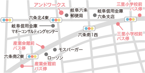 岐阜にある就労継続支援B型アンドワークスへの、バスによる行き方の地図